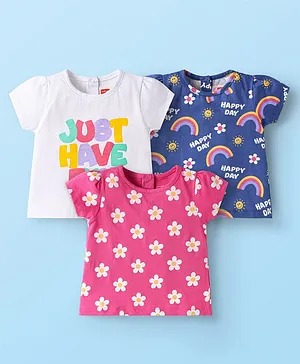 Babyhug Cotton Knit Half Sleeves
                              T-Shirts with Text Floral & Rainbow
                              Print Pack of 3 - Pink White & Navy
                              Blue