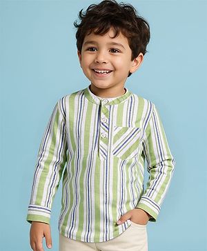 Babyhug Cotton Woven Full Sleeves Mandarin Collar Striped Kurta Shirt - Green