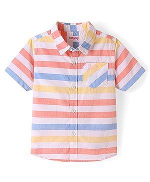 Babyhug Cotton Woven Half Sleeves Striped Shirt - White Yellow & Blue