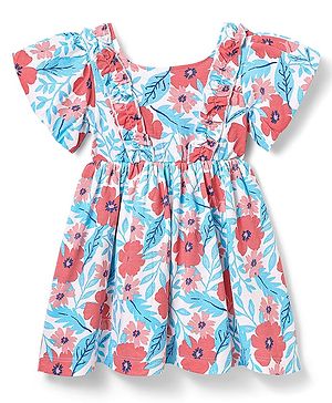 Babyhug Single Jersey Knit Half Sleeves Dress With Floral Print - Light Blue