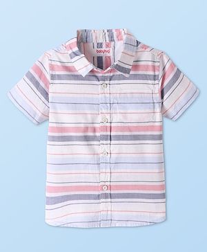 Babyhug Cotton Woven Half Sleeves  Striped Shirt - White & Pink