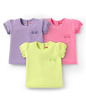 Babyhug Cotton Knit Half Sleeves T-Shirts with Floral Embroidery Pack of 3 - Pink Lilac & Limegreen