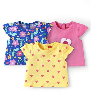 Babyhug Cotton Knit Cap Sleeves T-Shirts with Floral & Hearts Print Pack of 3 - Yellow Blue & Pink