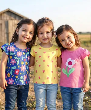 Babyhug Cotton Knit Cap Sleeves
                              T-Shirts with Floral & Hearts Print
                              Pack of 3 - Yellow Blue & Pink