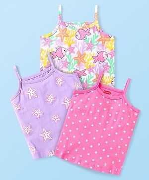 Babyhug 100% Cotton Antibacterial Singlet Slips Pack Of 3 With Polka Dots Star & Fish Print Pack Of 3 - Pink Purple