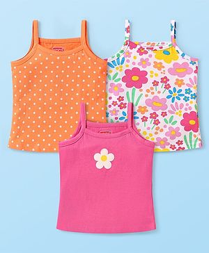 Babyhug 100% Cotton Single Jersey Knit Sleeves Antibacterial Slips With Floral & Polka Dot Prints Pack Of 3 - Orange Pink & White
