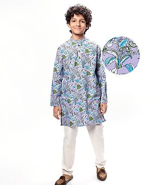 Pine Kids Cotton Woven Full Sleeves Kurta & Pyjama With Floral Print - Lilac