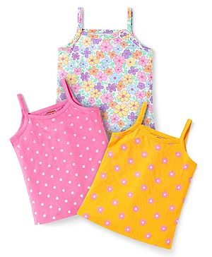 Babyhug 100% Cotton Single Jersey knit Antibacterial Sleeveless Slips With Floral & Polka Dots Print Pack Of 3 - Yellow Pink & Light Blue
