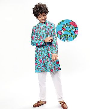 Pine Kids Cotton Woven Full Sleeves Kurta & Pyjama With Floral Print - Light Blue