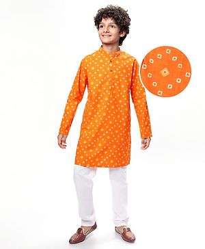 Pine Kids Cotton Woven Full Sleeves Kurta & Pyjama With Bandhani Print - Orange