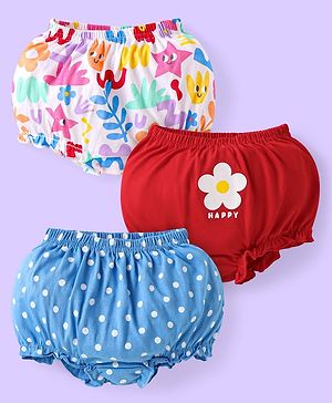 Babyhug 100% Cotton Knit Antibacterial Bloomers with Polka Dots & Floral Print Pack of 3  - White Red & Blue