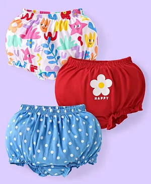 Babyhug 100% Cotton Knit Antibacterial
                      Bloomers with Polka Dots & Floral Print Pack
                      of 3 - White Red & Blue