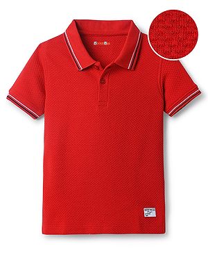 Kookie Kids Cotton Knit Half Sleeves Solid Color Textured Polo T-Shirt - Red
