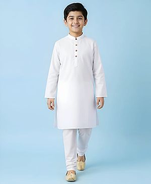 Pine Kids Cotton Woven Mandarin Collar Full Sleeves Solid Colour Kurta Pyjama Set - White