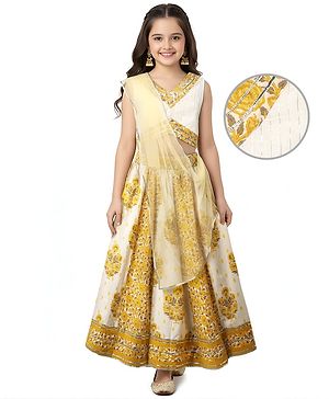 Pine Kids Cotton Woven Sleeveless Choli Lehenga Set & Dupatta With Floral Print & Lace Detailing - Mustard