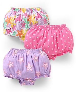 Babyhug 100% Cotton Knit Bloomers with Sea Life & Polka Dots Print Pack of 3 - Lilac Pink & White