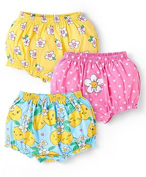 Babyhug 100% Cotton Single Jersey Knit Antibacterial Bloomers With Polka Dots & Floral Print Pack of 3 - Pink Yellow & Light Blue