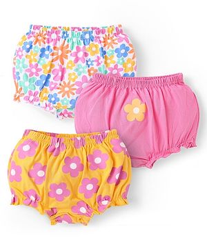 Babyhug 100% Cotton Single Jersey Knit Antibacterial Bloomers With Floral Print Pack Of 3 - Pink Orange & White