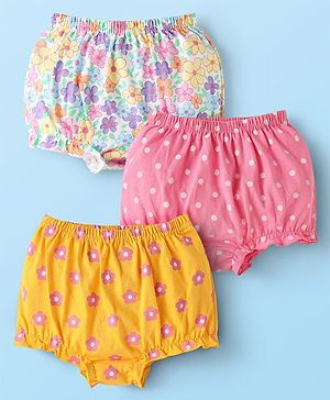 Babyhug 100% Cotton Single Jersey Knit Antibacterial Bloomers With Floral & Polka Dots Print Pack Of 3 - Pink White & Yellow