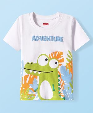 Babyhug Cotton Knit Half Sleeves T-Shirt With Adventure Text & Dino Print - White