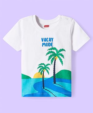 Babyhug Cotton Knit Half Sleeves T-Shirt With Vacay Mode Text & Beach Print - White