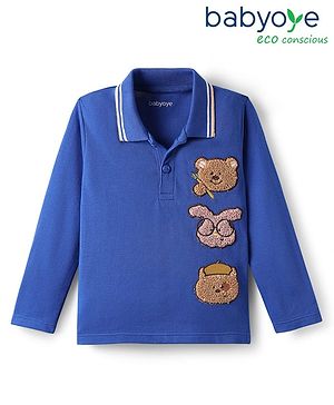 Babyoye 100% Cotton Knit Full Sleeves Polo T-Shirt with Animal Patch Detailing - Blue