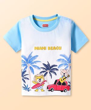 Babyhug Cotton Knit Half Sleeves T-Shirt with Puff Print & Ombre Effect - White & Light Blue