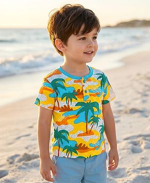 Babyhug Cotton Knit Half Sleeves T-Shirt with Beach Theme Print - White