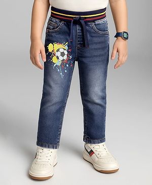 Babyhug Cotton Denim Full Length Washed Jeans With Stretch & Sport Theme Print - Blue