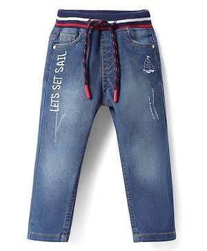 Babyhug Cotton Denim Full Length Washed Jeans With Stretch & Logo Text Print - Blue