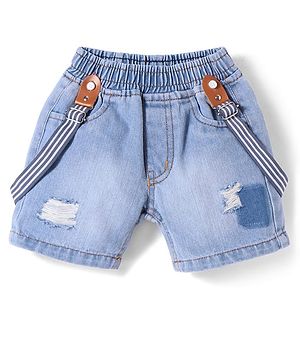 Little Kangaroos Knee Length Solid Denim Shorts With Distressed Pattern & Suspender - Medium Blue
