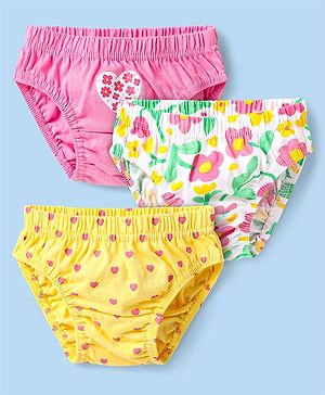 Babyhug Single Jersey Knit Antibacterial Panties  With Heart & Floral Print Pack Of 3 - Yellow Pink & White