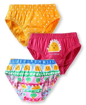 Babyhug 100% Cotton Knit Antibacterial Panties With Polka Dot & Tropical Print Pack Of 3 - Dark Pink & Yellow