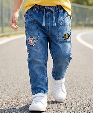 Babyhug Full Length Washed Denim Jeans With Stretch & Patch Detailing - Blue