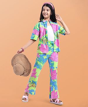 Pine Kids Single Jersey Knit Half Sleeves Shirt & Pant Co-Ords Set with Inner Tee & Floral Print - Light Green