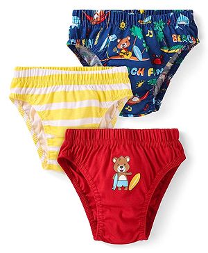Babyhug 100% Cotton Knit Antibacterial Briefs with Beach Theme Print & Stripes Pack of 3 - Red Navy Blue & Yellow