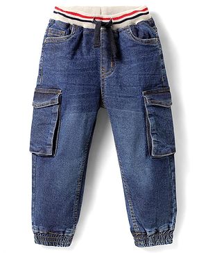 Babyhug Cotton Denim Full Length Washed Joggers with Stretch & Pocket - Blue