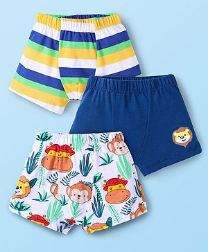 Babyhug 100% Cotton Single Jersey Knit Antibacterial Trunks With Stripes & Animal Print Pack Of 3 - Blue Yellow & White