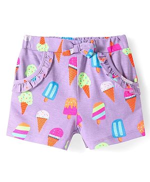 Babyhug Cotton Knit Mid Thigh Length Shorts with Ice Cream Print & Bow Applique - Purple