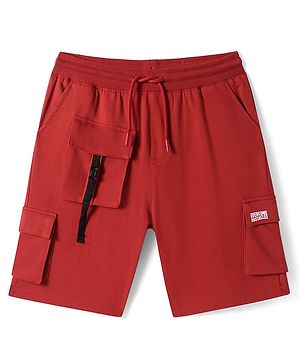 Pine Kids Looper Knit Knee Length Shorts with Text Print - Red