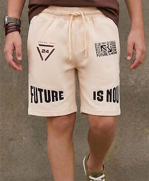 Pine Kids Looper Knit Knee Length Shorts with Text Print - Beige