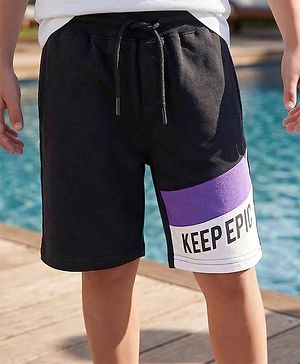 Pine Kids Looper Knit Knee Lenght Cut & Sew Shorts with Text Print - Black