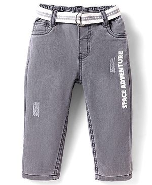 Babyhug Cotton Denim Full Length Washed Jeans with Stretch & Belt - Grey