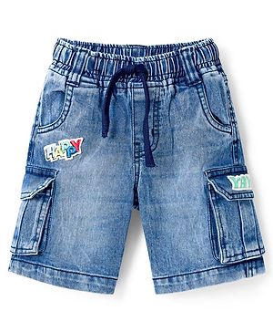Babyhug Above Knee Length Denim Bermuda With Stretch & Text Embroidery - Blue