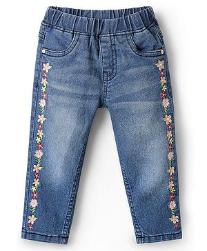 Babyhug Full Length  Denim Jeggings With Stretch Floral Embroidery - Blue