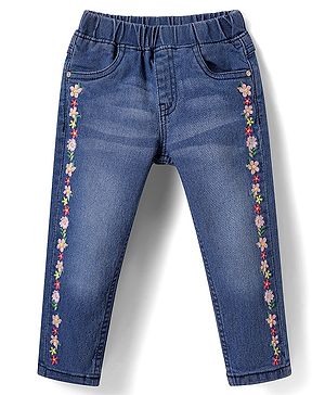 Babyhug Full Length Washed Denim Jeggings with Stretch & Floral Applique - Blue
