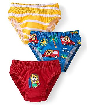 Babyhug 100% Cotton Knit Antibacterial Briefs With Stripes & Animal Print Pack Of 3 - Navy Blue & Yellow