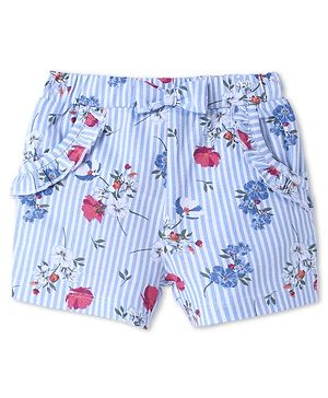 Babyhug Cotton Knit Mid Thigh Shorts with Floral Print Frill Detailing & Bow Applique  - Blue