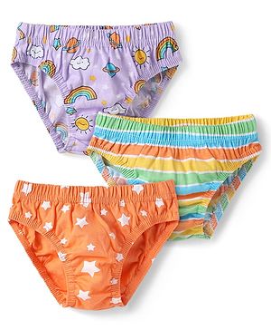 Babyhug 100% Cotton Single Jersey Knit Briefs With Star Striped & Rainbow Print Pack Of 3 - Orange Purple & Green