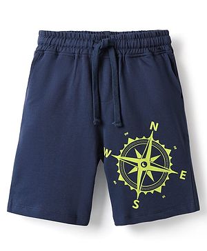 Pine Kids Looper Knit Above Knee Length Shorts With Compass Print - Navy Blue